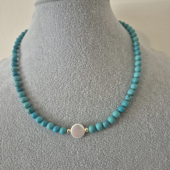 Turquoise NATURAL w/Coin Pearl Choker,Matching Braclet - Picture 2 of 6